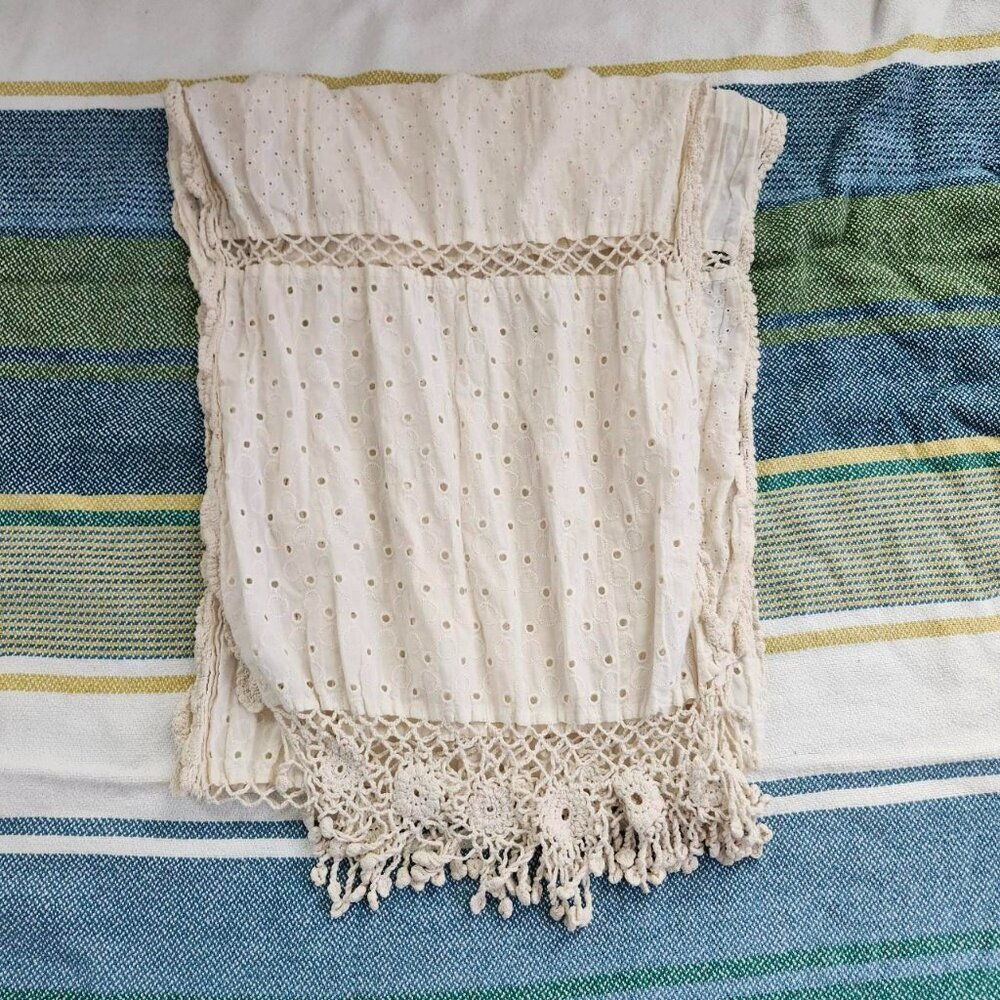 Cream pointelle crochet boho scarf with fringe - Picture 2 of 3